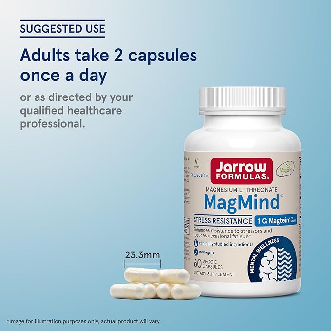 Jarrow Formulas Magnesium L-Threonate MagMind Stress Resistance with L-Theanine and Rhodiolife High Absorption Magnesium Stress Relief and Mood Support 60 Veggie Capsules Up to a 30 Day Supply