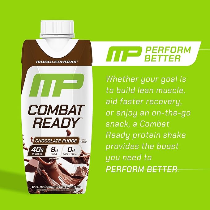 MusclePharm Combat Ready High Protein Shakes Ready to Drink 40g Protein 8g BCAAs 8.7g Glutamine 5g Fiber No Added Sugar Gluten Free Chocolate Fudge 17 Fl Oz (Pack of 12)