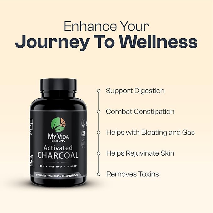 My Vida Origins Activated Coconut Charcoal Capsules - Detox Gas Relief Digestive and Gut Health Support | Vegan Organic Non-GMO Gluten Free No Additives - 90 Count