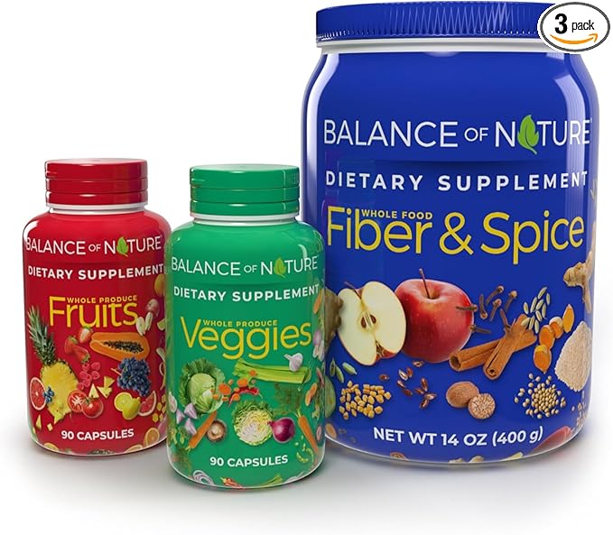 Balance of Nature Whole Health System - Whole Food Fruits &amp Veggies and Fiber &amp Spice Supplements - 30 Servings Each