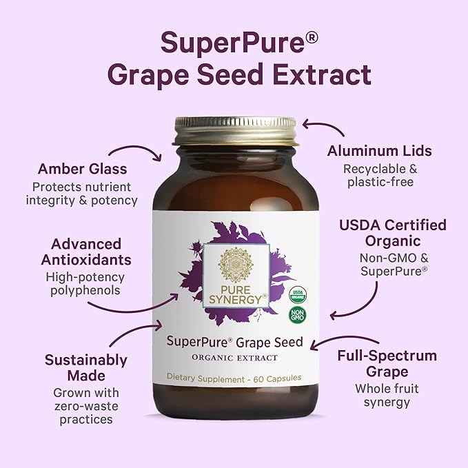 Pure Synergy SuperPure Grape Seed Extract | Organic Grape Seed Polyphenols Supplement with Whole Fruit | for Heart Health Skin and Healthy Aging Support (60 Capsules)