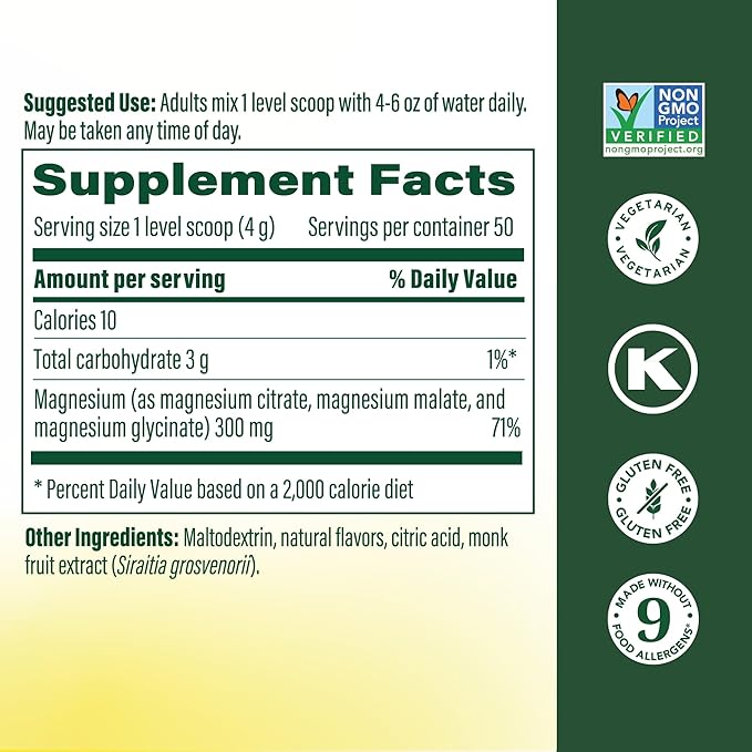 Megafood Relax + Calm Magnesium Powder - Highly Absorbable Magnesium Glycinate Magnesium Citrate &amp Magnesium Malate - Without 9 Food Allergens - Raspberry Lemonade Flavor - 7.05 Oz (50 Servings)