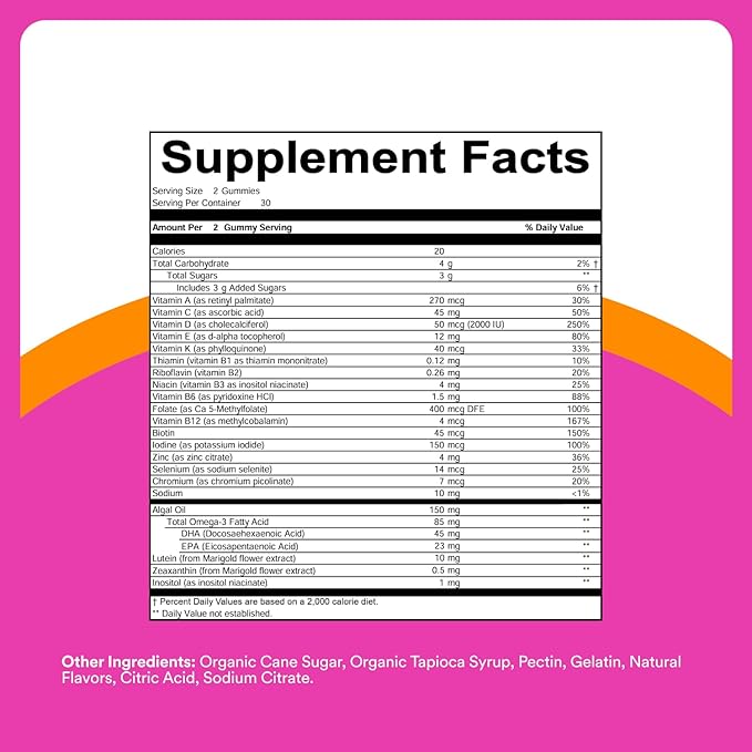 SmartyPants Teen Girl Multivitamin Gummies Omega 3 (DHA/EPA) Vitamin C D3 B12 Vitamin A K &amp Zinc Biotin to Support Hair Skin &amp Nails Gluten Free 60 Count (30 Day Supply)