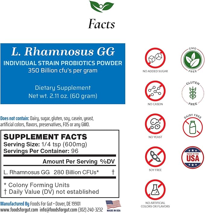 Lactobacillus Rhamnosus GG Probiotic Powder 350 Billion cfu's | Made in USA | No Additives | Direct from Manufacturer | No Third-Party Storage | Immune Support | L. Rhamnosus GG | 60 Grams (2.11 Oz)