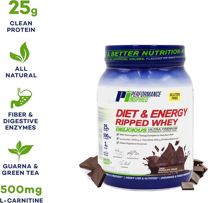 Performance Inspired Nutrition Diet &amp Energy Ripped Whey Protein – 25G Protein – 4G Leucine – L-Carnitine – Green Tea Extract – Dark Chocolate Dream – 2.3lb