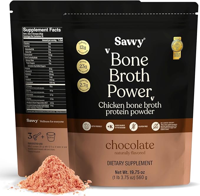 SAVVY Bone Broth Power Chocolate Protein Powder 23g Protein 12g Collagen &amp Glutamine Muscle Joint Digestive &amp Skin Health Keto Dairy Free Award-Winning Bone Broth 560g (16 Servings)