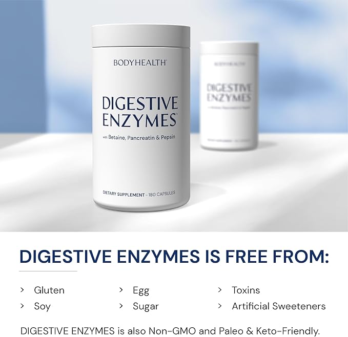 BodyHealth Digestive Enzymes Full Spectrum Digestive Support (180 caps) Betaine Pepsin Pancreatin BPP Loaded with Enzymes and Probiotics Relief for Stomach Bloating Heartburn Gas Constipation