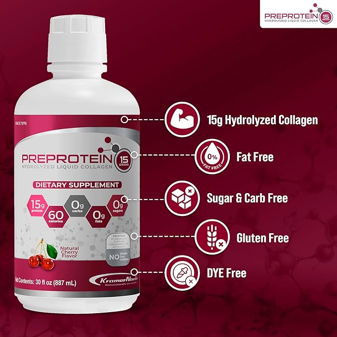 PreProtein 15 Liquid Hydrolyzed Collagen Peptides – Sugar Free Cherry Flavor Drink – 15g Protein Amino Acid Supplement for Bariatric Recovery Joint Support &amp Wound Care – 30oz