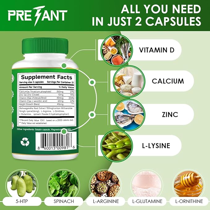 PRETANT- Growth Capsules to Grow Taller - Height Increase Maximizer with Calcium for Bone Strength -Natural Get Taller Supplement for Adults Teens &amp Kids - Dietary Edible Healthcare Fitness