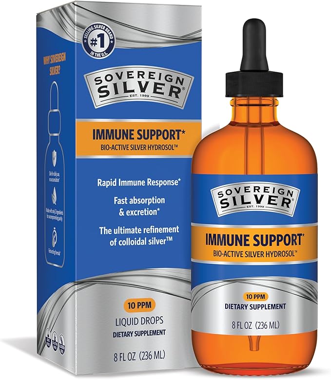 Sovereign Silver Immune Support - Colloidal Silver Bio-Active Silver Hydrosol 10 ppm Liquid Dropper 8 Fl Oz (236 mL)