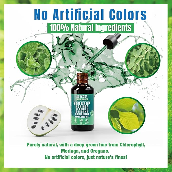 Vyxion Soursop Bitters Liquid Drops 10 in 1 with Sea Moss Moringa Turmeric Black Seed Oil Oregano Ashwagandha | Herbal Extracts for Overall Health-Enhancing | Vegan Non-GMO | 2 Fl Oz