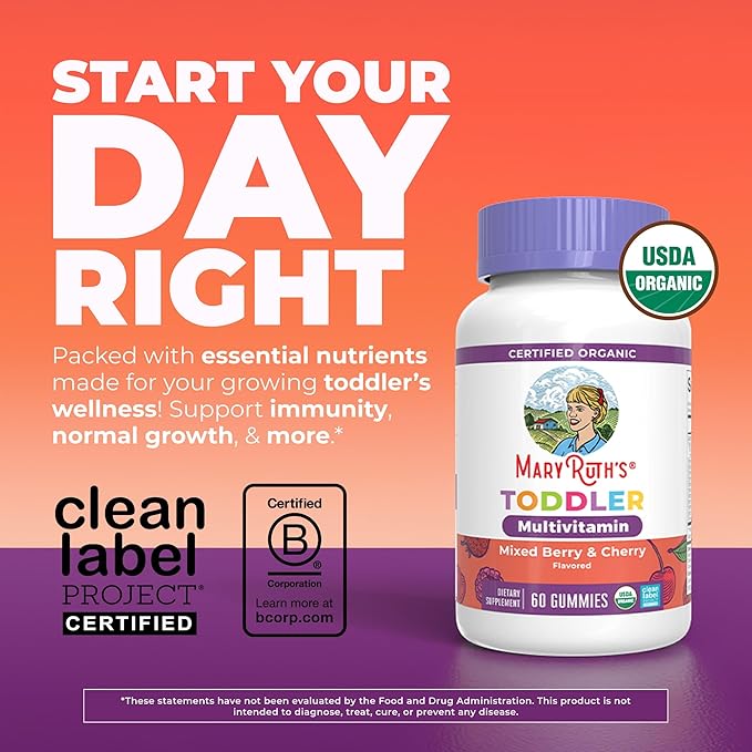 MaryRuth's Organic Toddler Multivitamin Gummies | Ages 4+ | Vitamin A C D E B6 B12 Biotin Iodine Zinc | Immunity | Bone &amp Teeth Health | Skin &amp Vision Support | Vegan | Gluten Free | 6