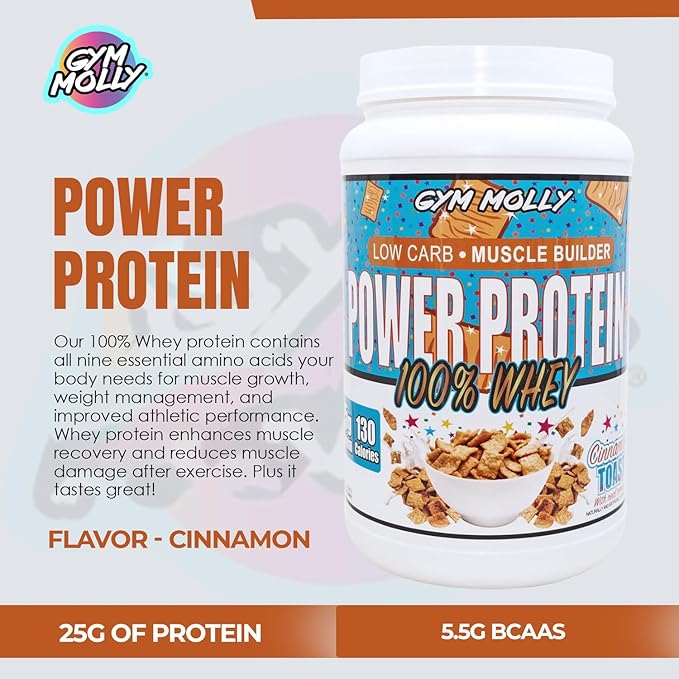 Gym Molly Power Protein Powder 100% Whey Protein Isolate 25g of Protein 5.5g BCAAs Fast Absorbing - Ready to Give You Fuel Around The Clock - 2lbs Cinnamon Flavored