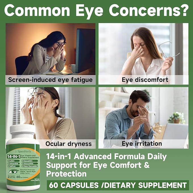Eye Vitamin and Mineral Supplement 14 in 1 Advanced Eye Formula Vision Support with Lutein and Zeaxanthin Vitamin C E Zinc Copper Eye Health Supplements for Adults 60 Capsules/2 PCS