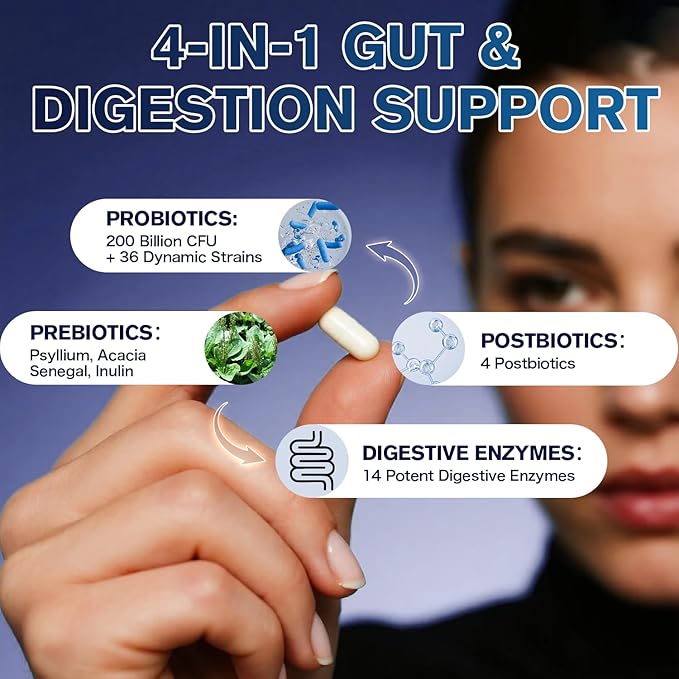 Digestive Enzymes Postbiotics Prebiotics Probiotics for Women Men 200 Billion CFU 36 Probiotic Strains - Complete Gut Digestive Regularity Gas Bloating &amp Immune Support Supplement Vegan 60