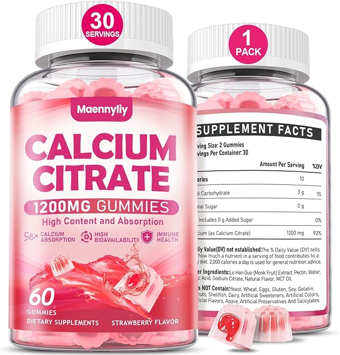Calcium Citrate Gummies 1200 mg for Adults: Ultimate Absorption Calcium Supplement for Women &amp Men - Easy to Digest Vegan Non-GMO Gluten Free - Natural Strawberry Flavor
