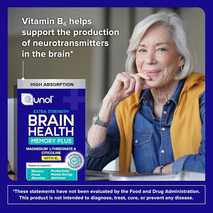 Qunol Brain Health Memory Plus with B6 Magnesium L-Threonate &amp Citicoline Clinically Tested Ingredients to Improve Memory Focus Attention and Productivity 90 Count