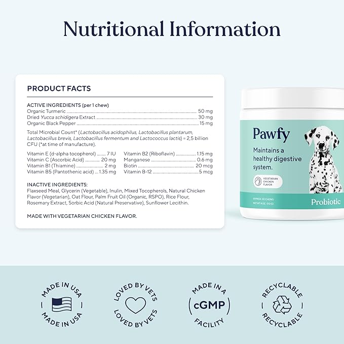 Pawfy Probiotics for Dogs | Supports Digestive Health Diarrhea for Small Large Dogs | Improves Gut Health | Anti Yeast Supplements | Skin Health Seasonal Allergies Support - 30 Chews (Chicken)