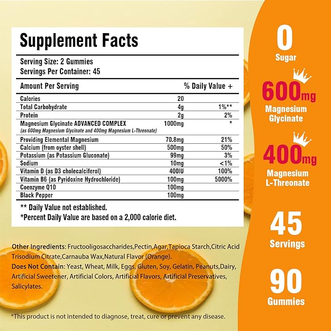 Magnesium Glycinate Gummies for Adults &amp Kids 1000mg High Absorption Magnesium Complex Supplement Sugar Free with PotassiumVitamins for Calm Sleep Supprt Stress Relief 180 Counts Orange