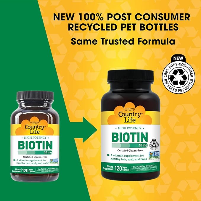 Country Life High-Potency Biotin 10mg - Vegan &amp Gluten-Free Biotin Supplement for Skin &amp Nails Energy Metabolism - Biotin 10000mcg Capsules