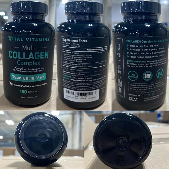 Vital Vitamins Multi Collagen Capsules - Type I II III V X - Grass-Fed Collagen Peptides Supplements Non-GMO - for Men &amp Women - 150 Count