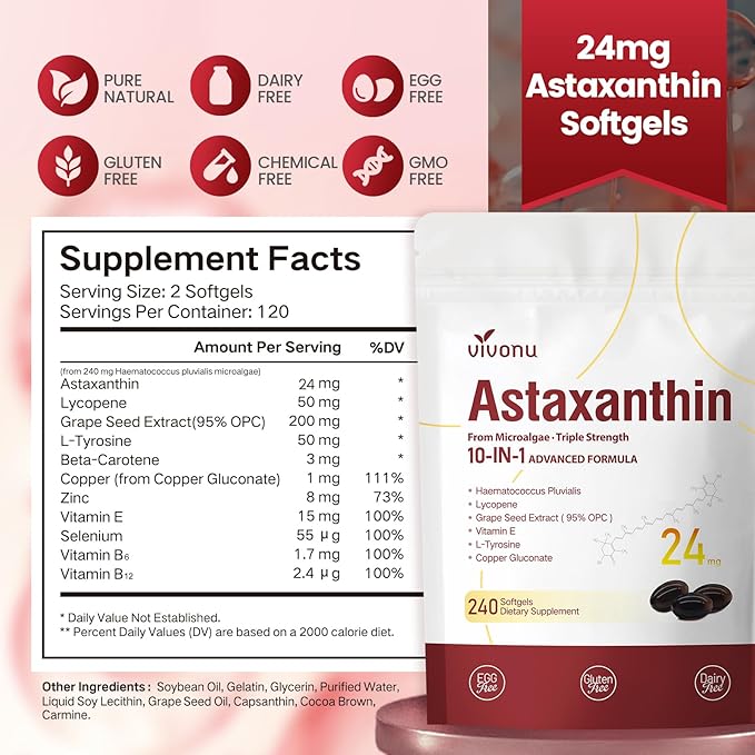 VivoNu Astaxanthin 24mg – Powerful Antioxidant Support for Skin Eyes &amp Immune System – 10-in-1 Formula with Lycopene Grape Seed Vitamin E &amp Zinc – Triple Strength 480 Softgels 2 Bag