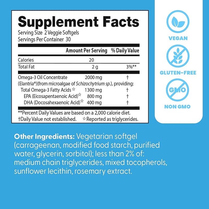 Doctor's Best Vegan Omega-3 EPA + DHA Supports Eye Brain and Heart Health Non-GMO Gluten Free Vegan 60 Veggie Softgels
