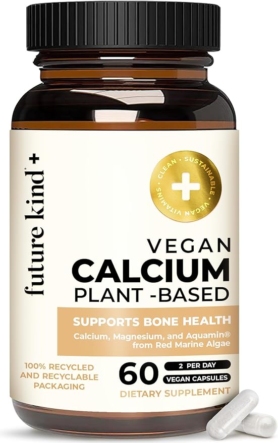 Future Kind Vegan Calcium Supplement - Plant-Based Calcium Magnesium Supplement Sourced from Iceland for Teeth &amp Bone Support (60 Capsules)