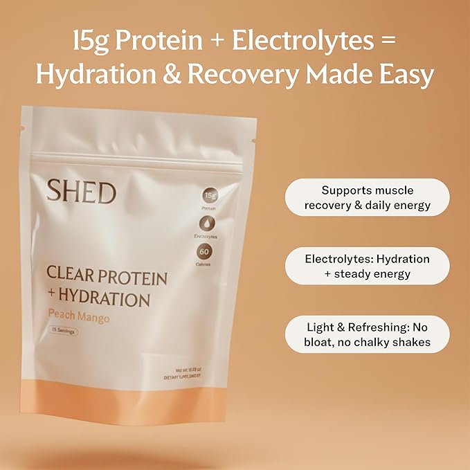 Clear Protein Powder with Electrolytes by Shed 15g Whey Protein Isolate Low Calorie and Lactose Free Light and Clean Hydration Drink Bloat-Free Post Workout Supplement Peach Mango (15 Servings)