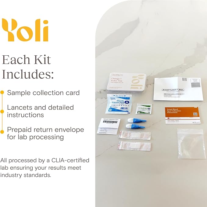 Yoli Vitality Test Kit an Omega-3 Index Blood Test Kit - at-Home Collection Testing Package for Measuring Omega-3 Levels and Wellness Tracking - CLIA-Certified Lab Results