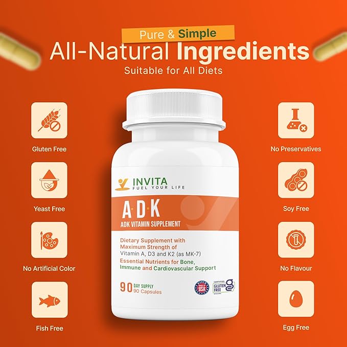 INVITA ADK Vitamin Supplement – 90 Capsules – High Potency of Vitamin A D3 5000 IU &amp K2-MK7 – Physician Formulated for Bone Heart &amp Immune Support – Non-GMO Gluten Free (3-Month Supply)