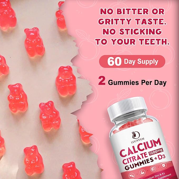 (2 Pack) Calcium Citrate 1200mg with Vitamin D3 Supplements Gummies for Women &amp Men Calcium Gummies with Vitamin D3 K2 High Absorption for Bone Muscle Healthy- Peach Flavor- 60 Day Supply
