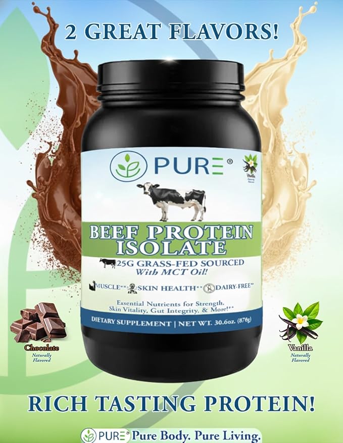 PURE® Grass-Fed Beef Protein Isolate Powder - 25g Protein 28 Servings - Dairy-Free Paleo &amp Keto Friendly Protein - with MCT Oil Probiotics &amp Natural Collagen - No Whey or Lactose - Vanilla 8