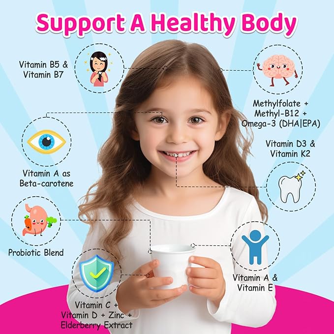 Kids Methylated Multivitamin - Chewable Multivitamin for Kids &amp Teens 4+ With L Methylfolate Vegan Omega-3 Zinc Probiotics &amp Elderberry Immune Support Brain Health MTHFR Supplement 2PC