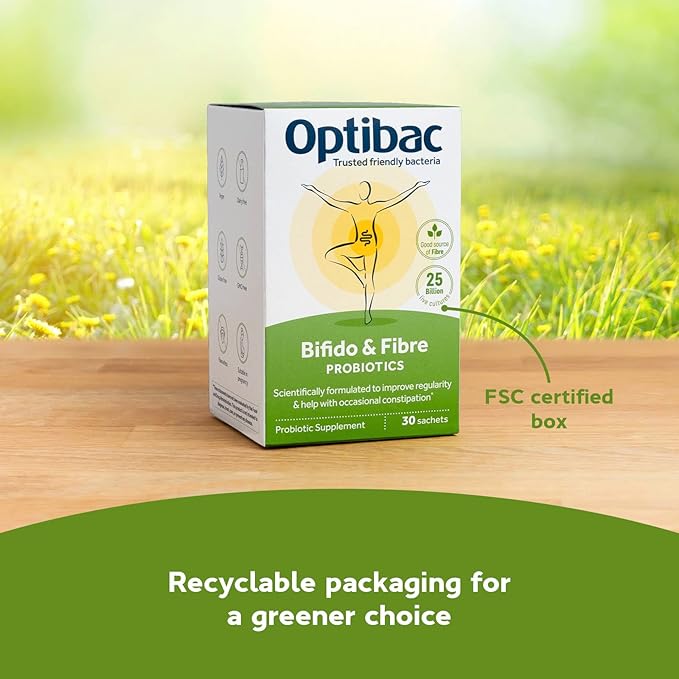 Optibac Probiotics Bifido &amp Fibre - Vegan Probiotics for Digestive Health &amp Occasional Constipation 25 Billion CFU &amp Prebiotic - 10 Sachets