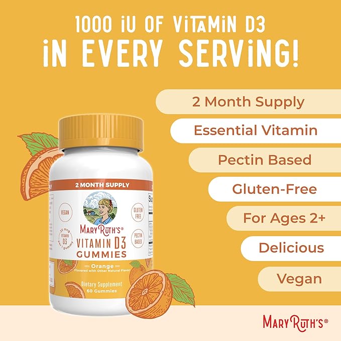 MaryRuth Organics Vitamin D3 Gummies | 2 Month Supply | Adults &amp Kids Vitamin D Gummy | Immune Support Supplement | VIT D3 1000IU for Bone Health&ampMuscle Function | Vegan | Non-GMO | Gluten Fre