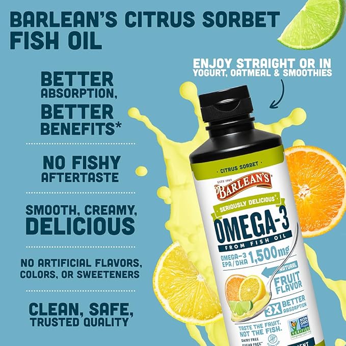 Barlean's Omega 3 Fish Oil Liquid Supplement for Men and Women 1500mg of EPA and DHA Fatty Acid Promotes Brain &amp Heart Health - Non-GMO Citrus Sorbet 16 oz