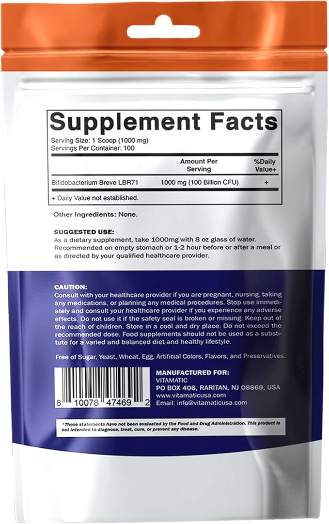 Vitamatic Bifidobacterium Breve Probiotic Powder - Digestive Health Support - 100 Gram (3.5 OZ) - 100 Servings