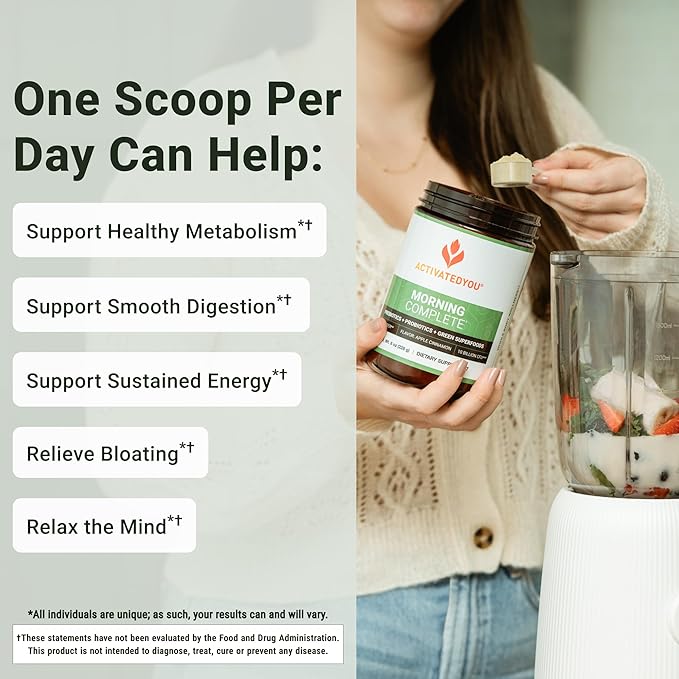 ACTIVATEDYOU Morning Complete Daily Wellness Greens Superfood Drink Mix for Gut Health w/Prebiotics Probiotics Antioxidants Green Superfoods 10 Billion CFUs 30 Servings (Apple Cinnamon)