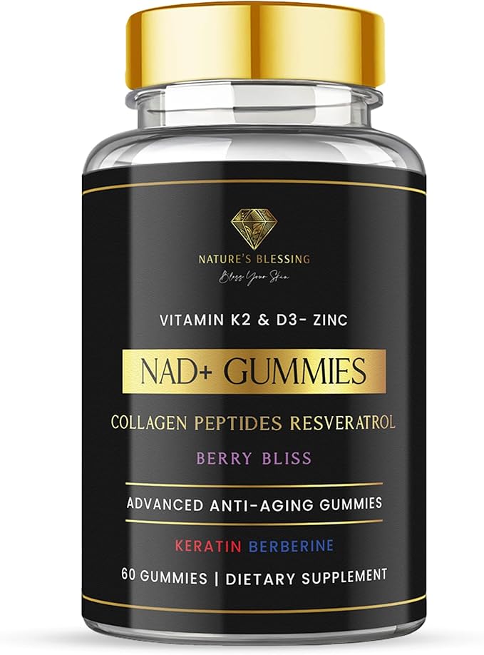 Nature's Blessing NAD+ Anti-Aging Gummies – Boost Cellular Repair Brain Clarity &amp Radiant Skin – with Biotin Collagen Resveratrol Vitamin D3 K2 Zinc &amp Keratin – Delicious Berry Bliss