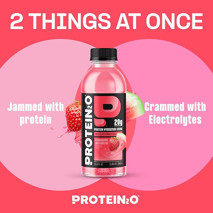 Protein2o Hydration Drink - 2-in-1 Liquid Clear Whey Protein Isolate and Electrolyte Drink - 20g Protein Vitamins B5 B6 - Post-Workout Recovery - 16.9 Fl Oz - 12 Count Strawberry Watermelon