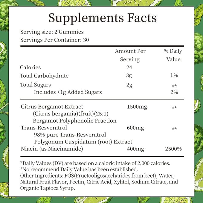 Citrus Bergamot 1500mg Citrus Bergamot Gummies for Healthy Cholesterol Bergamot Supplements 25:1 Extract from Italy Bergamot Resveratrol &amp Niacin - Gluten Free 120 Count