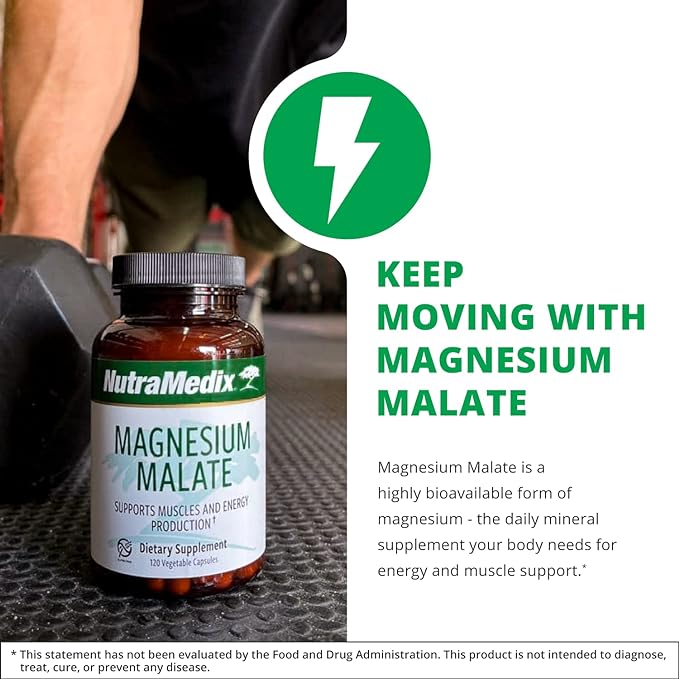 NutraMedix Magnesium Malate Energy Supplements - Bioavailable Magnesium for Sleep Immune Support &amp Joint Health - Vegan Non-GMO &amp Gluten-Free Magnesium Supplements (120 Vegetarian Capsules)