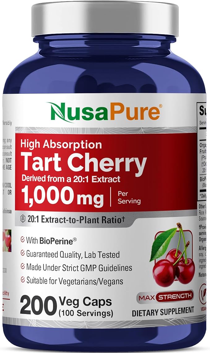 NusaPure Organic Tart Cherry 20:1 Extract 1000 mg Equivalent to 20000 mg 200 Veggie Caps (Vegan Non-GMO) Bioperine