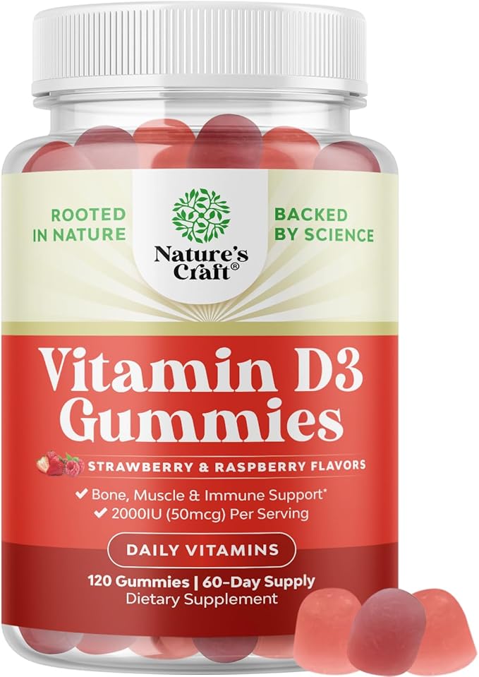 Natures Craft Vitamin D Gummies for Adults - Daily Immune Support Gummies with Vegan Vitamin D3 2000IU - D3 for Adults Wellness Non GMO Gluten Free - 120 Count (Pack of 1)