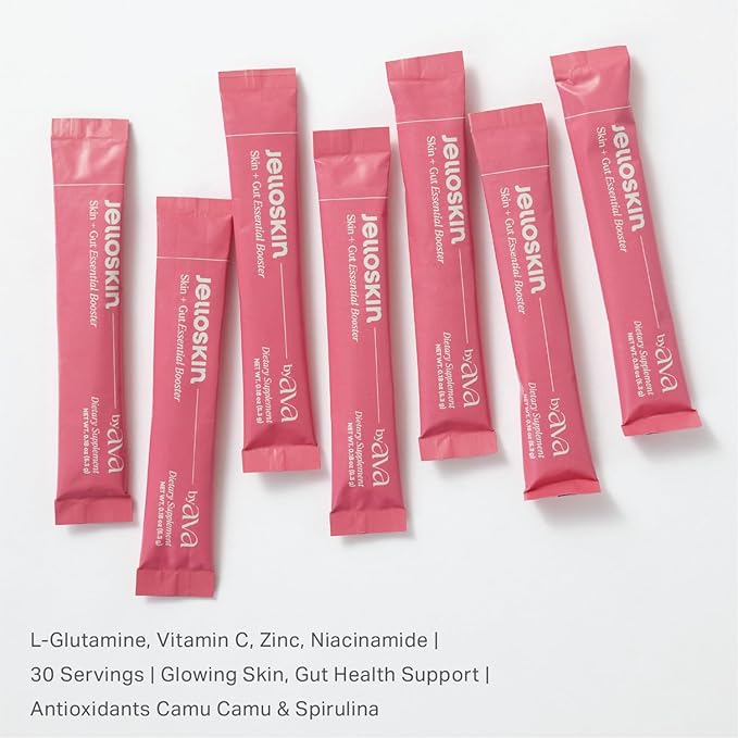 byAVA Jelloskin Skin + Gut Essential Prebiotic Booster Powder | L-Glutamine 1500mg Vitamin C Zinc Niacinamide | 30 Servings | Glowing Skin Gut Health Support | Antioxidants Camu Camu &amp Spiruli
