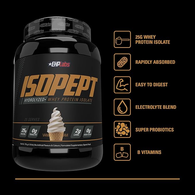 IsoPept Hydrolyzed Whey Protein Powder by EHPlabs - 100% Whey Protein Isolate &amp Hydrolysate 27g of Protein Non-GMO Gluten Free Fast Absorbing Easy Digesting 27 Serves (Vanilla Ice-Cream)