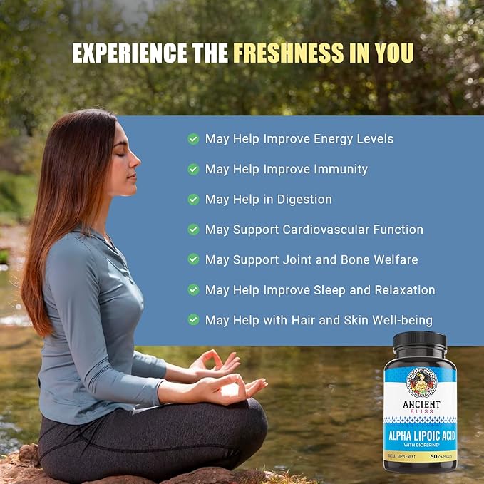 Ancient Bliss Alpha Lipoic Acid Supplement Antioxidant and Energy Support ALA Supplement with Bioperine No Gluten and Soy 600mg per Serving 60 Vegan Capsules