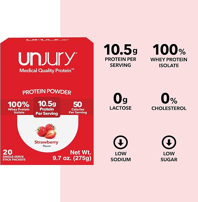 Unjury Whey Protein Powder Individual Stick Packs | Strawberry | 10.5g 100% Whey Isolate Protein Powder | Low Carb and Lactose Free | Gluten Free | Certified Kosher | 20 Servings