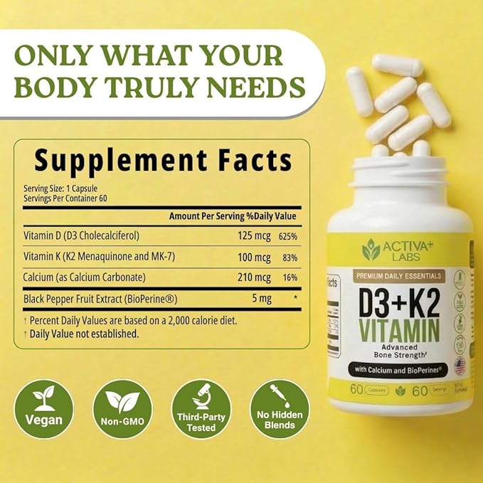 Vitamin D3 &amp K2 – Vegan Non-GMO Bone &amp Teeth Support Supplement – Immune &amp Muscle Function – Heart Health D3 K2 Vitamins for Men &amp Women Gluten &amp Sugar Free–60 Days Supply